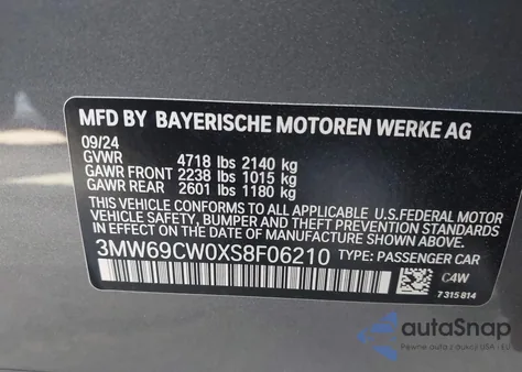 2025 BMW 3 Series 330I z USA, uszkodzony, nr VIN 3MW69CW0XS8F06210